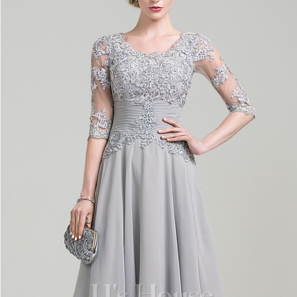 JJs House Dresses & Skirts - A-line Scoop Knee-Length Chiffon Lace With Pleats Mother of the Bride Dress